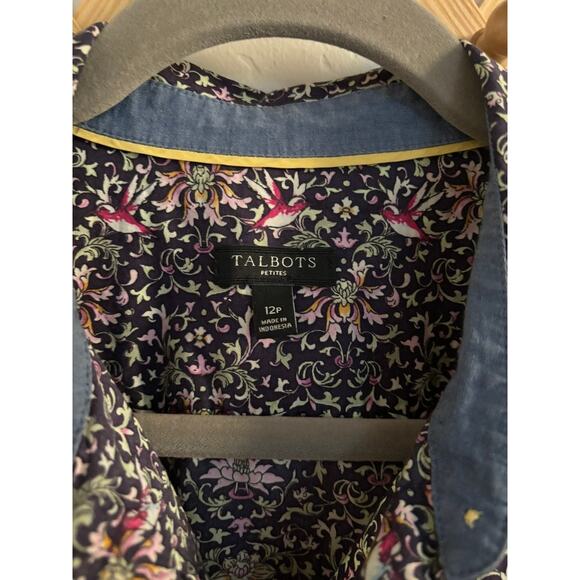 Talbots Top Women's 12 Petite Button Up Shirt Flowers Rolled Tabs Long Sleeves - Picture 5 of 9
